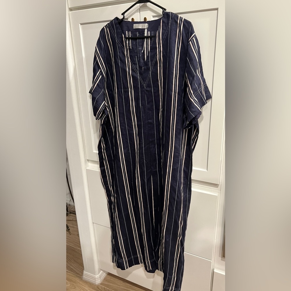 NWOT Linen Seafolly Australia size XS/S Linen navy blue striped maxi dress